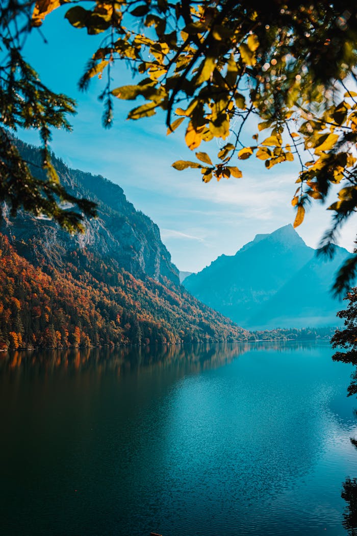 Beautiful autumn scenery of a mountain lake with vibrant fall foliage in Eisenerz, Austria.